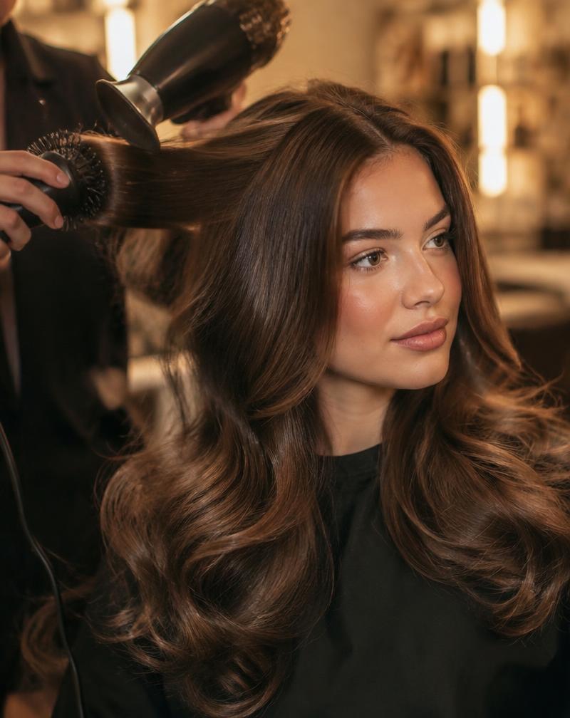 Glossy blow-dried waves