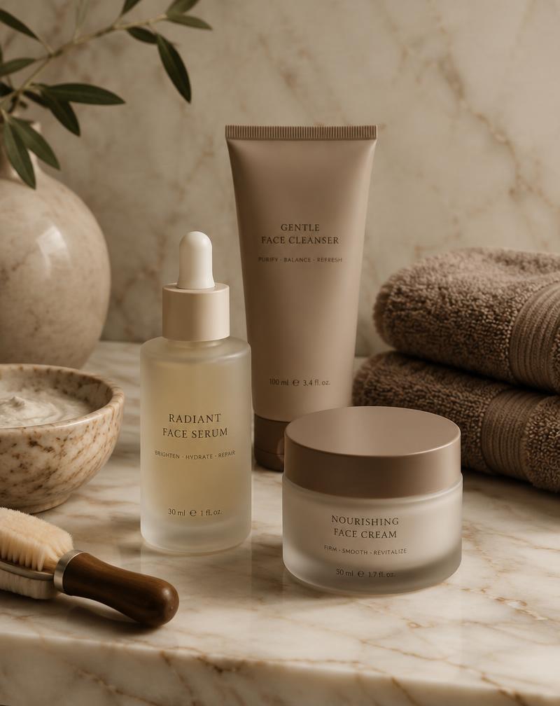 Skincare products on marble
