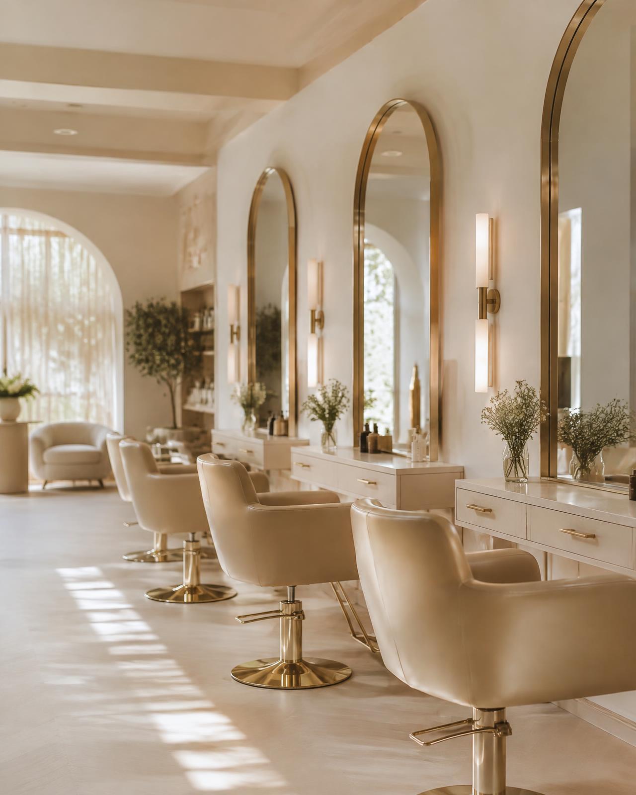 Elegant salon interior with ivory chairs and brass arched mirrors